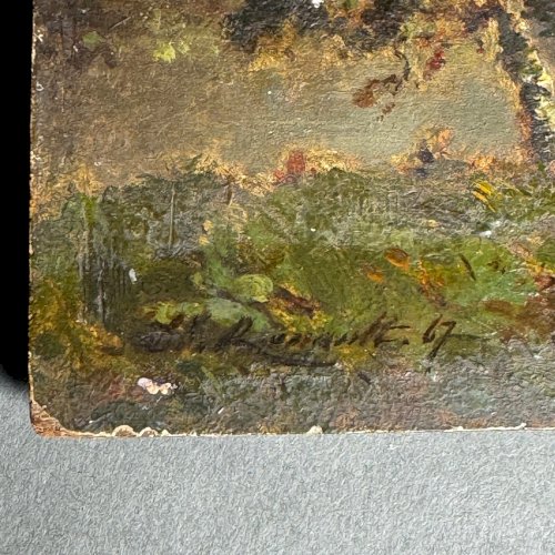 Huile sur panneau pêcheur au bord de l'eau XIXe Barbizon Ch.-E. Renault A5398