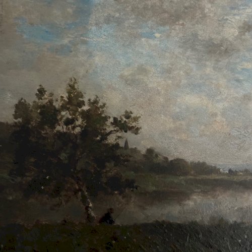 Huile sur panneau pêcheur au bord de l'eau XIXe Barbizon Ch.-E. Renault A5398