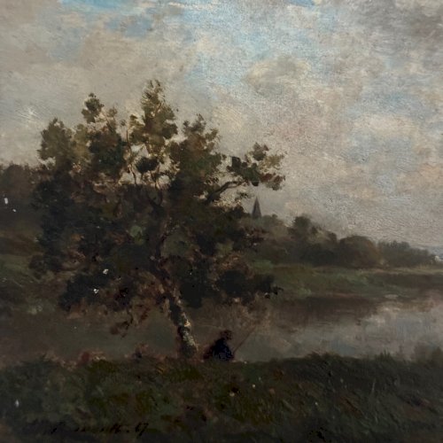 Huile sur panneau pêcheur au bord de l'eau XIXe Barbizon Ch.-E. Renault A5398