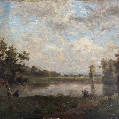 Huile sur panneau pêcheur au bord de l'eau XIXe Barbizon Ch.-E. Renault A5398