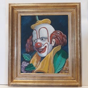 Oil on Panel R. JAINE 1959 Signed painting Smiling Clown