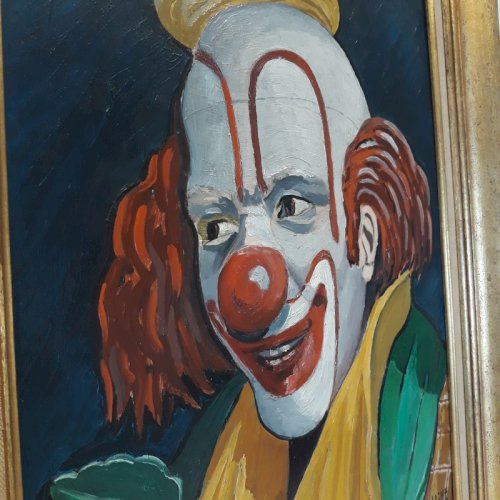 Huile sur Panneau R. JAINE 1959 Tableau signé Clown souriant peinture