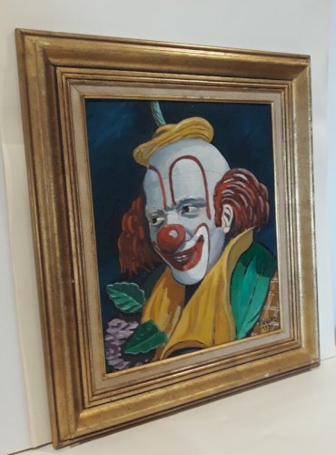 Huile sur Panneau R. JAINE 1959 Tableau signé Clown souriant peinture