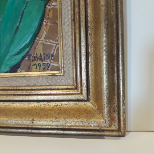 Huile sur Panneau R. JAINE 1959 Tableau signé Clown souriant peinture