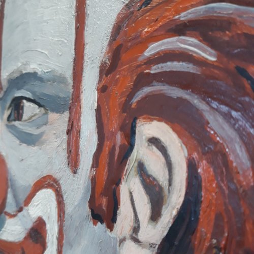 Huile sur Panneau R. JAINE 1959 Tableau signé Clown souriant peinture