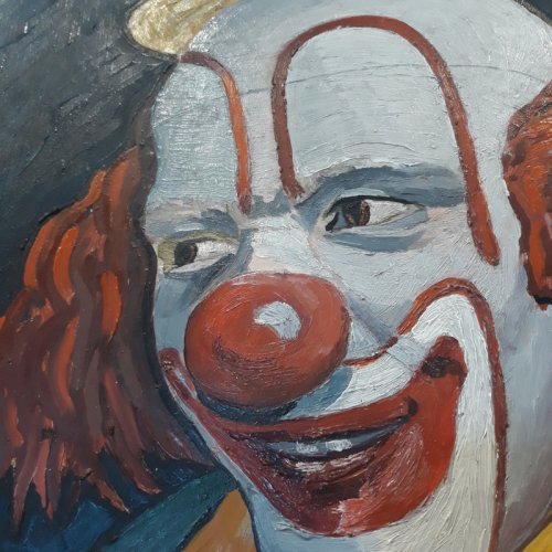 Huile sur Panneau R. JAINE 1959 Tableau signé Clown souriant peinture