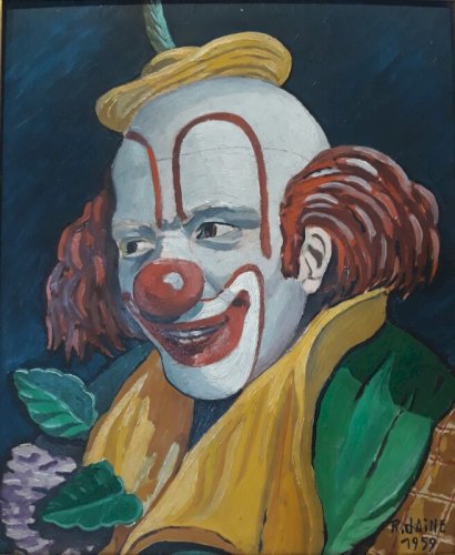 Huile sur Panneau R. JAINE 1959 Tableau signé Clown souriant peinture