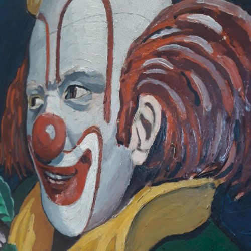 Huile sur Panneau R. JAINE 1959 Tableau signé Clown souriant peinture