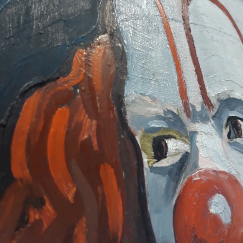 Huile sur Panneau R. JAINE 1959 Tableau signé Clown souriant peinture