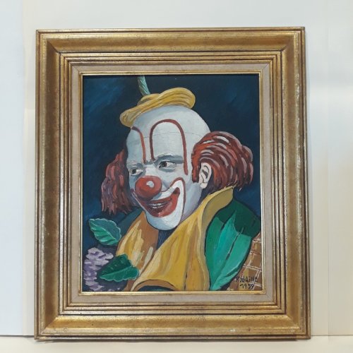 Huile sur Panneau R. JAINE 1959 Tableau signé Clown souriant peinture