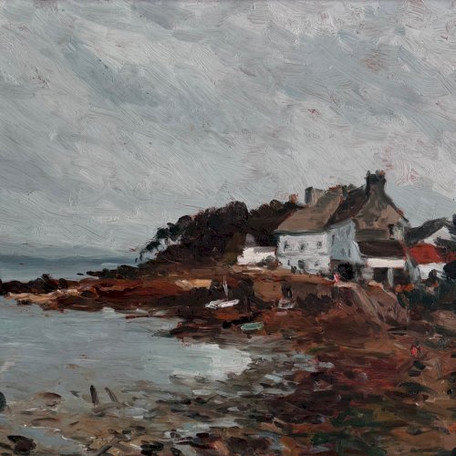 Huile sur panneau représentant un bord de mer en Bretagne XXe par Misdz A5766