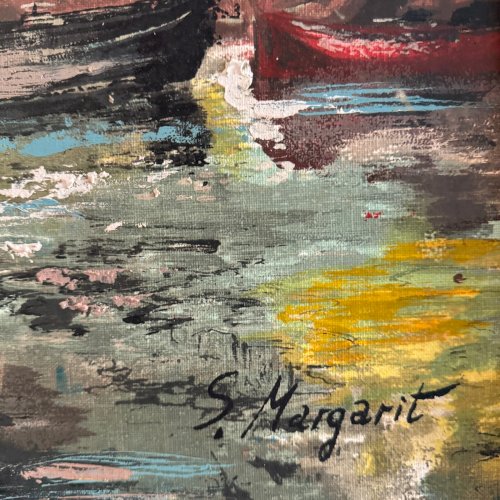 Huile sur panneau représentant un port de pêche par S. Margarit XXe A5619