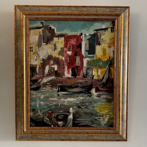 Huile sur panneau représentant un port de pêche par S. Margarit XXe A5619