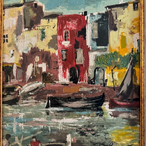 Huile sur panneau représentant un port de pêche par S. Margarit XXe A5619