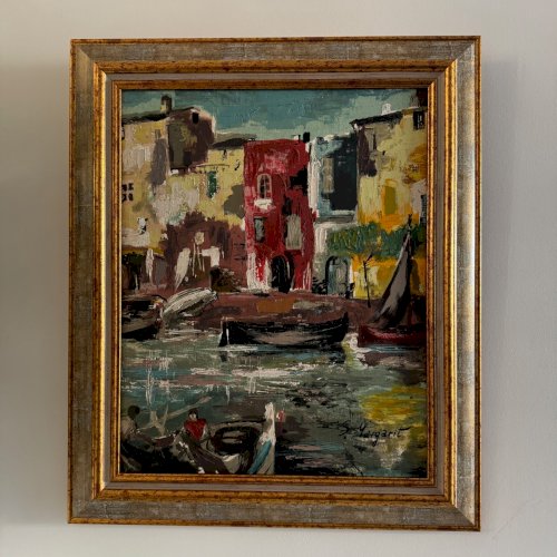 Huile sur panneau représentant un port de pêche par S. Margarit XXe A5619