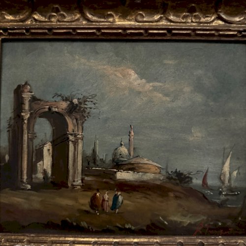 Huile sur panneau représentant un port début XXe L9228