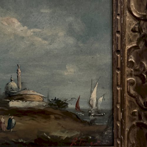 Huile sur panneau représentant un port début XXe L9228