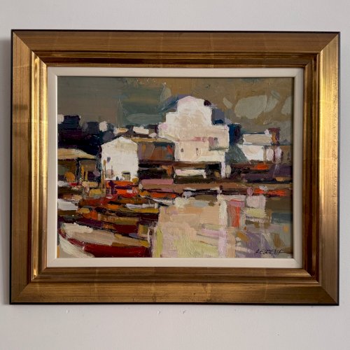 Huile sur panneau représentant un port XXe par A. Eugenia A5876