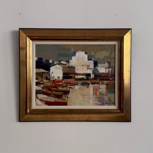 Huile sur panneau représentant un port XXe par A. Eugenia A5876