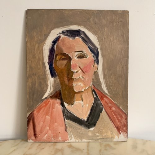 Huile sur panneau représentant une femme portant une coiffe 1930 A5873