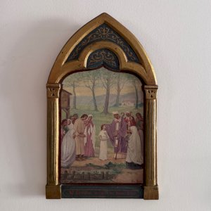 Oil on panel Saint Genevieve early 20th century Gothic frame by Chavannes A5756