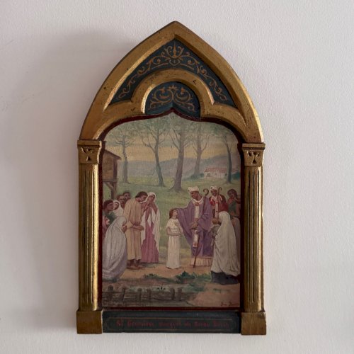 Huile sur panneau sainte Geneviève début XXe cadre gothique de Chavannes A5756