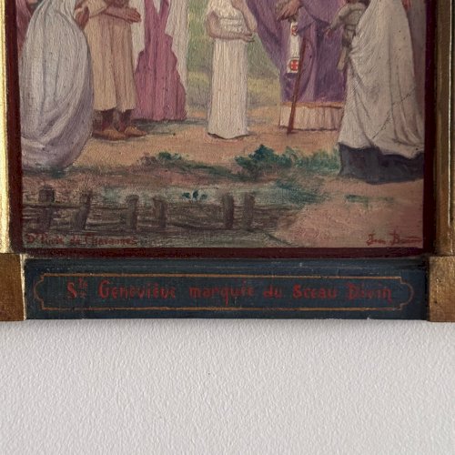 Huile sur panneau sainte Geneviève début XXe cadre gothique de Chavannes A5756