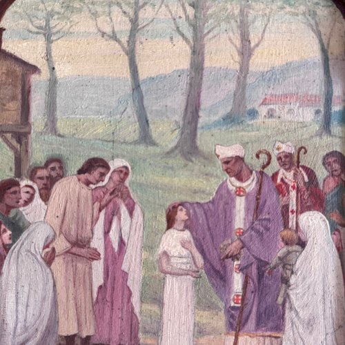 Huile sur panneau sainte Geneviève début XXe cadre gothique de Chavannes A5756