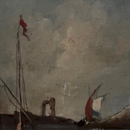 Huile sur panneau scène de port fin XIXe cadre doré L9229