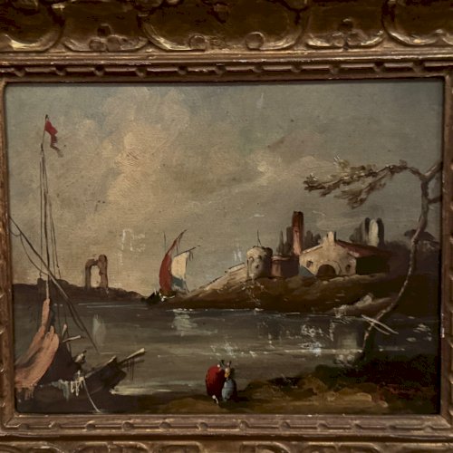 Huile sur panneau scène de port fin XIXe cadre doré L9229