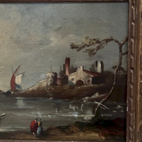 Huile sur panneau scène de port fin XIXe cadre doré L9229