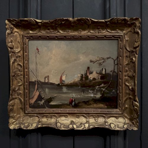 Huile sur panneau scène de port fin XIXe cadre doré L9229