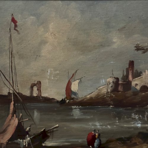 Huile sur panneau scène de port fin XIXe cadre doré L9229