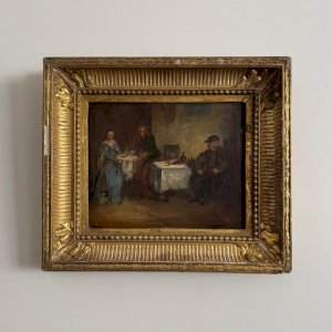 Oil on panel tavern scene monogram BC 19th century A5686