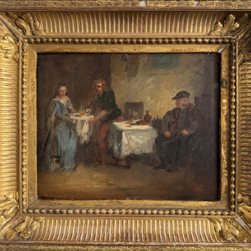Huile sur panneau scène de taverne monogramme BC XIXe A5686