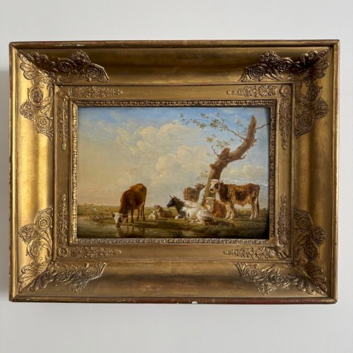 Huile sur panneau vaches s'abreuvant par Jean-Baptiste Berré 1830 A5692