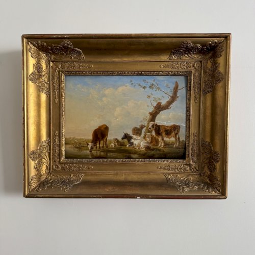 Huile sur panneau vaches s'abreuvant par Jean-Baptiste Berré 1830 A5692