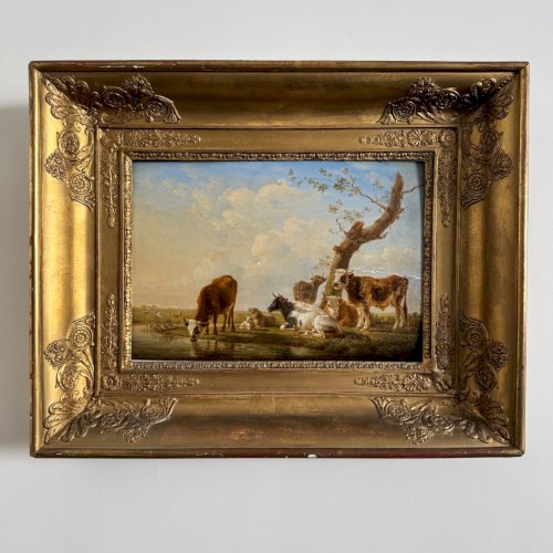 Huile sur panneau vaches s'abreuvant par Jean-Baptiste Berré 1830 A5692