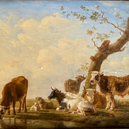 Huile sur panneau vaches s'abreuvant par Jean-Baptiste Berré 1830 A5692