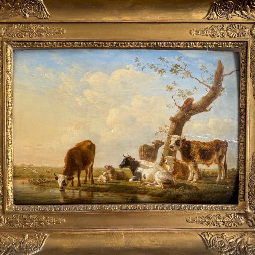 Huile sur panneau vaches s'abreuvant par Jean-Baptiste Berré 1830 A5692