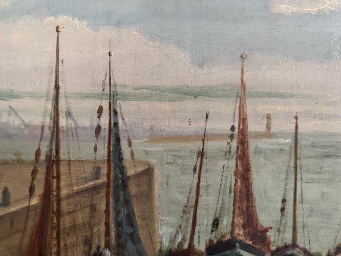 Huile sur panneau XXe bateaux de pêche par Jean Bernard Saint-Nazaire A5652