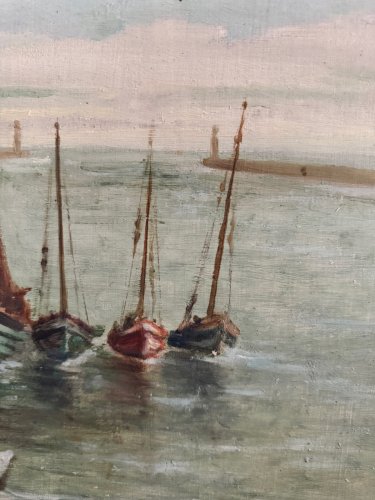 Huile sur panneau XXe bateaux de pêche par Jean Bernard Saint-Nazaire A5652