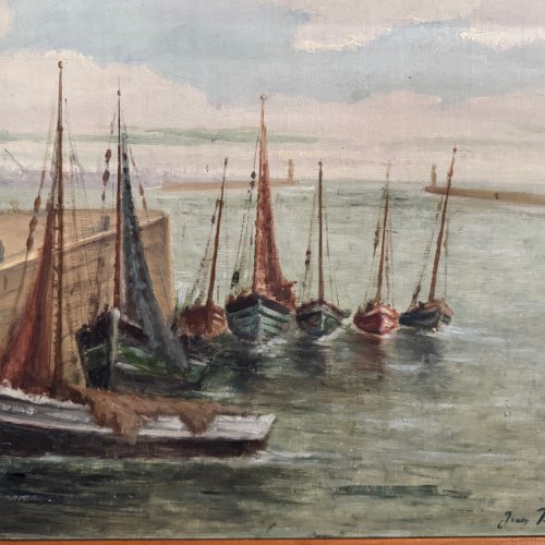 Huile sur panneau XXe bateaux de pêche par Jean Bernard Saint-Nazaire A5652