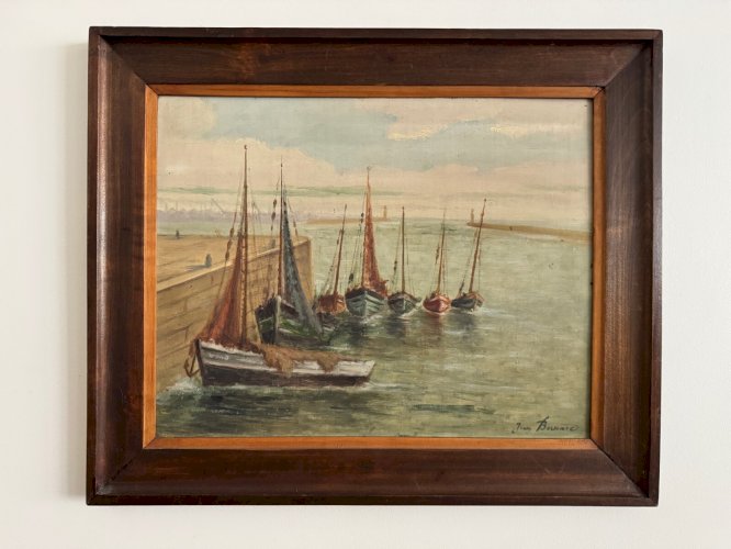 Huile sur panneau XXe bateaux de pêche par Jean Bernard Saint-Nazaire A5652