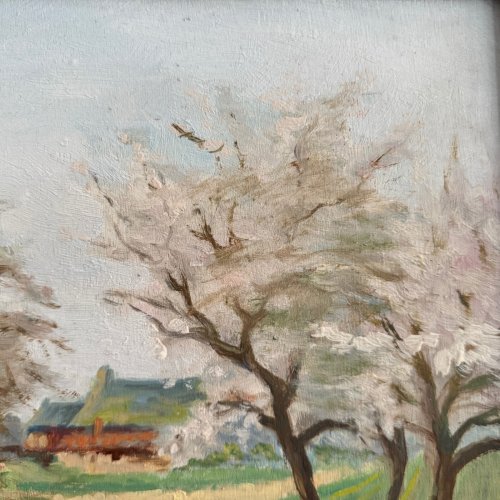 Huile sur panneau XXe cours d'eau arbres en fleur cadre en bois noirci A5655