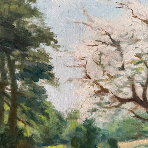 Huile sur panneau XXe cours d'eau arbres en fleur cadre en bois noirci A5655
