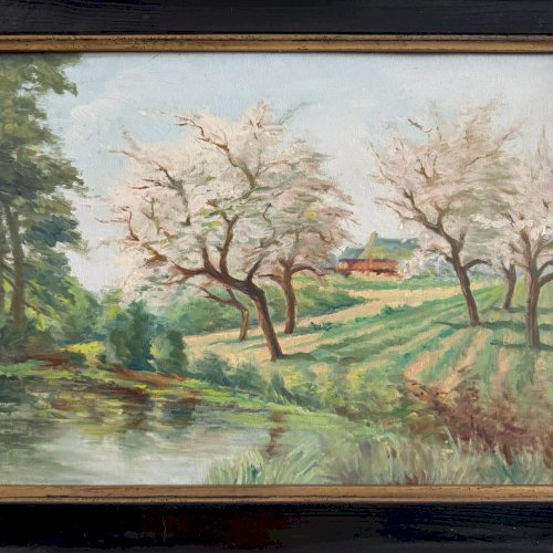 Huile sur panneau XXe cours d'eau arbres en fleur cadre en bois noirci A5655