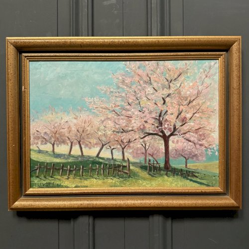 Huile sur toile arbres en fleurs XXe par J. Vuillet 1987 L9033