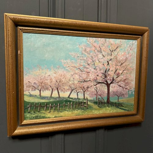 Huile sur toile arbres en fleurs XXe par J. Vuillet 1987 L9033