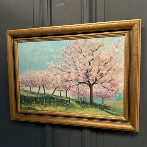 Huile sur toile arbres en fleurs XXe par J. Vuillet 1987 L9033